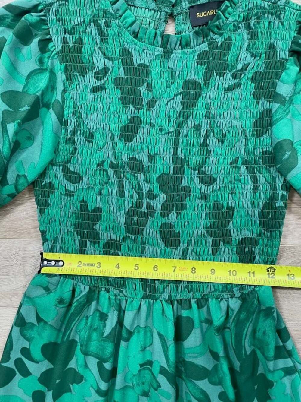 Sugarlips Emerald Green Floral Smocked Tiered Midi Dress Puff Sleeve Small - Picture 3 of 14